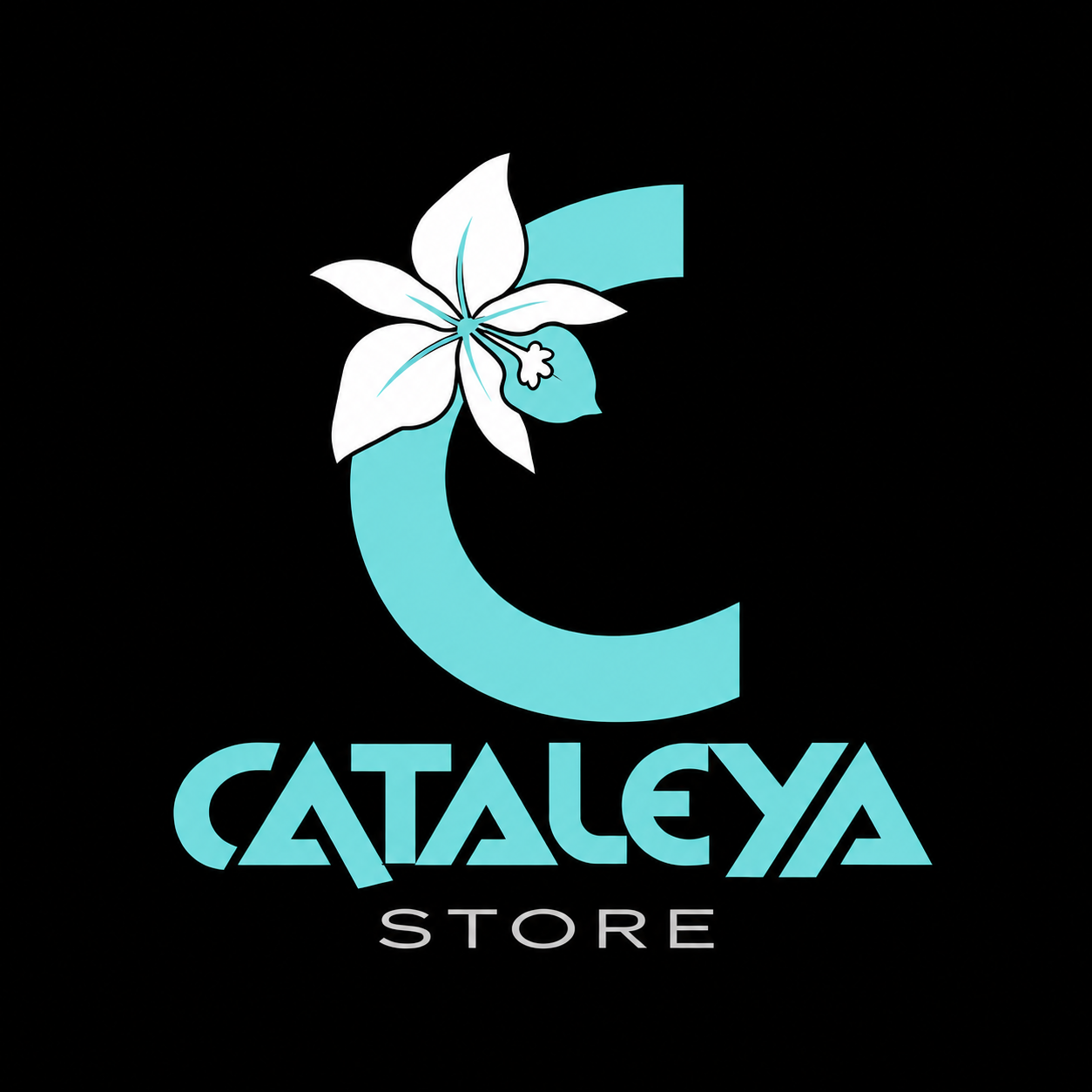 Cataleya Store: logo turquesa con una orquídea blanca sobre fondo negro
